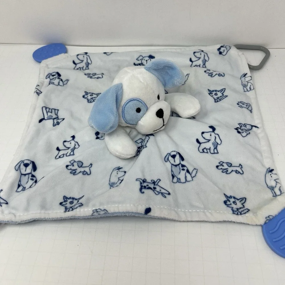 Modern Baby Blue Puppy Dog Lovey Rattle Security‎ Blanket Infant Plush